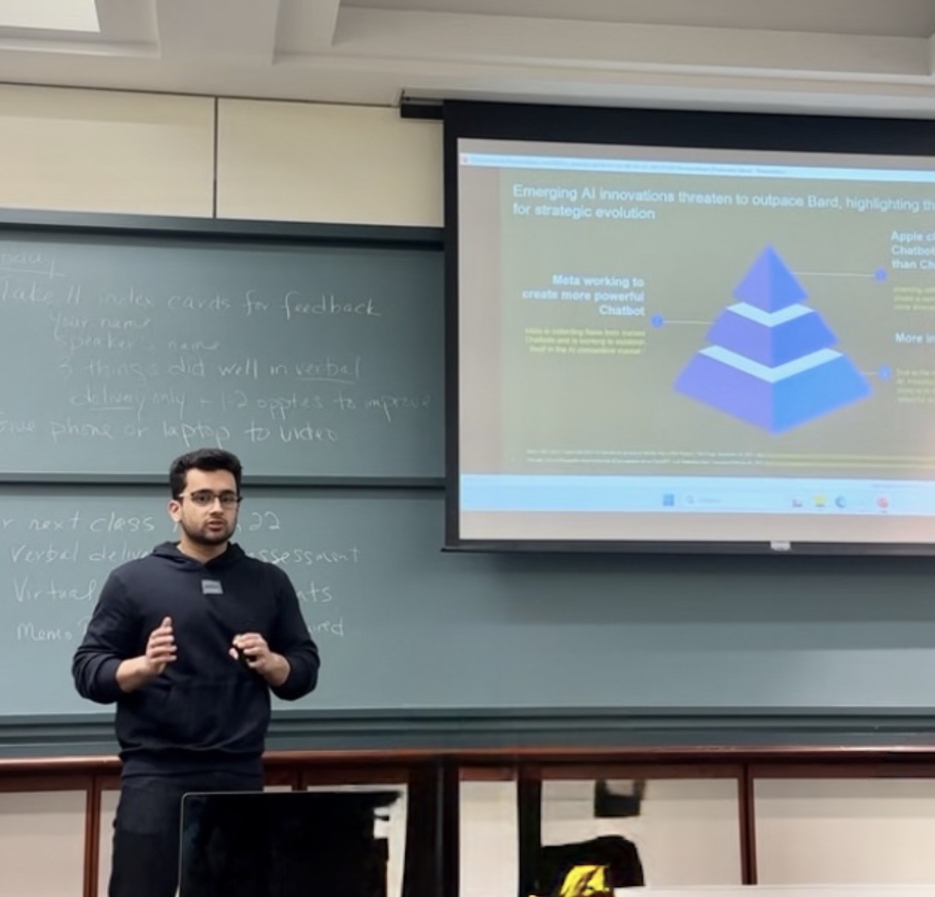Shubham Mishra giving a presentation in a Boston University classroom