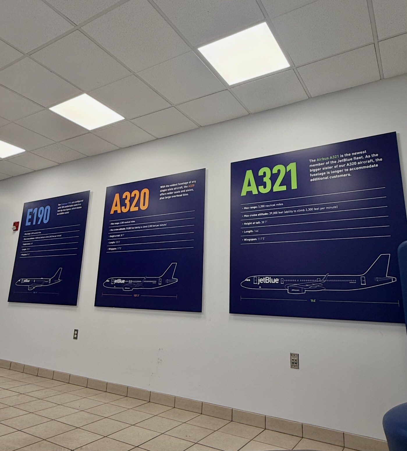 Aircraft-family displays for the E190, A320, and A321 in Shubham's JetBlue workplace